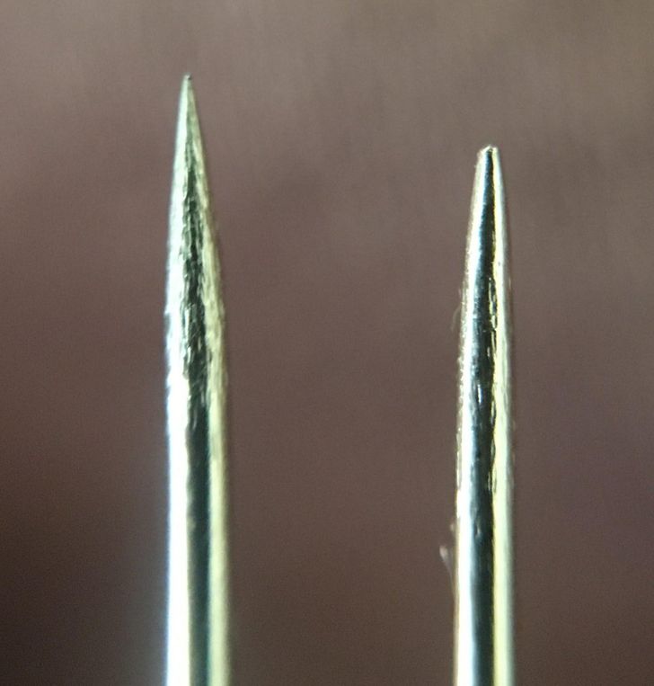 “A new sewing needle vs A sewing needle after 4 months of sewing”