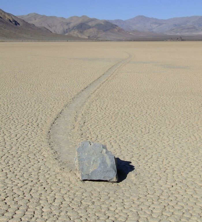 The Racetrack Playa is a flat, dry lakebed in the middle of a desert with the lowest elevation in North America. It's also home to mysterious "sailing stones" that have baffled visitors since the early 1900s. To an untrained observer, it looks like these stones have moved across the surface of the lakebed entirely on their own, leaving tracks up to 1,500 feet long without any sign of human or animal interference. Many theories have been offered to explain this phenomenon, including strong winds, the pull of the Earth's magnetic field, a clever prankster - or, once again, aliens.

But thanks to a devoted team of scientists, we now know why these stones move. In 2011, researchers from the Scripps Institute of Oceanography attached GPS devices to 15 rocks and left to monitor them. Two years later, they returned to the site and were lucky enough to witness the phenomenon in person. When Death Valley receives a rare winter rainstorm, water can pool on the flat lakebed and freeze overnight, creating large panes of ice around the rocks. In the morning, the ice thaws and cracks into large sheets, and a light gust of wind is all that's needed to move the ice across the lakebed's surface. The ice sheets push the rocks across the lakebed and then melt, leaving nothing behind but the rock's tracks. The scientists called the phenomenon "ice shoving." One of them jokingly described the study as "the most boring experiment ever."