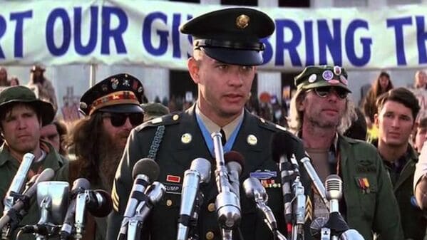 in “Forrest Gump,” when his microphone is cut off at the rally, what you don’t hear him say is “Sometimes when people go to Vietnam, they go home to their mommas without any legs. Sometimes they don’t go home at all. That’s a bad thing. That’s all I have to say about that.”