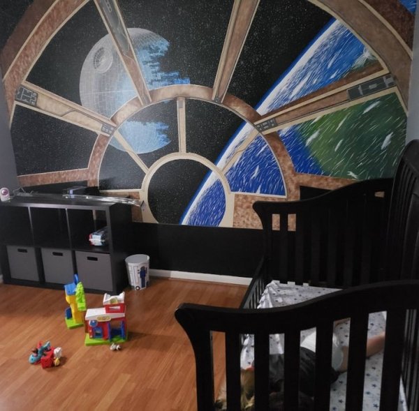 My son’s Star Wars Wall. (No idea how long it took me to paint)