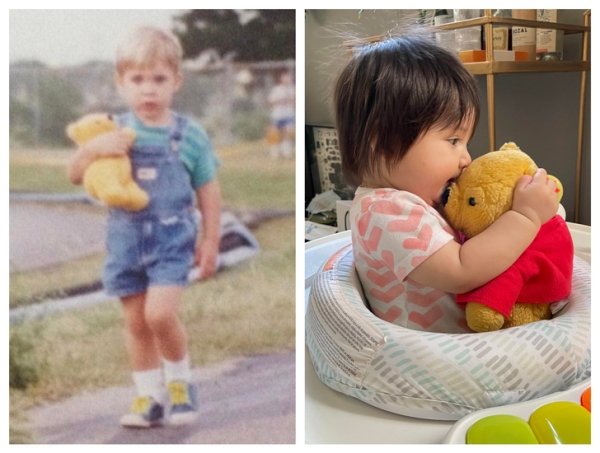 I saved this Pooh Bear I got in 1992 for my future child. Here’s my five month old girl loving him like her daddy once did.