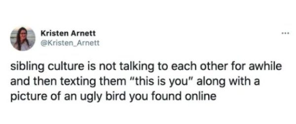 diagram - Kristen Arnett Arnett sibling culture is not talking to each other for awhile and then texting them "this is you" along with a picture of an ugly bird you found online