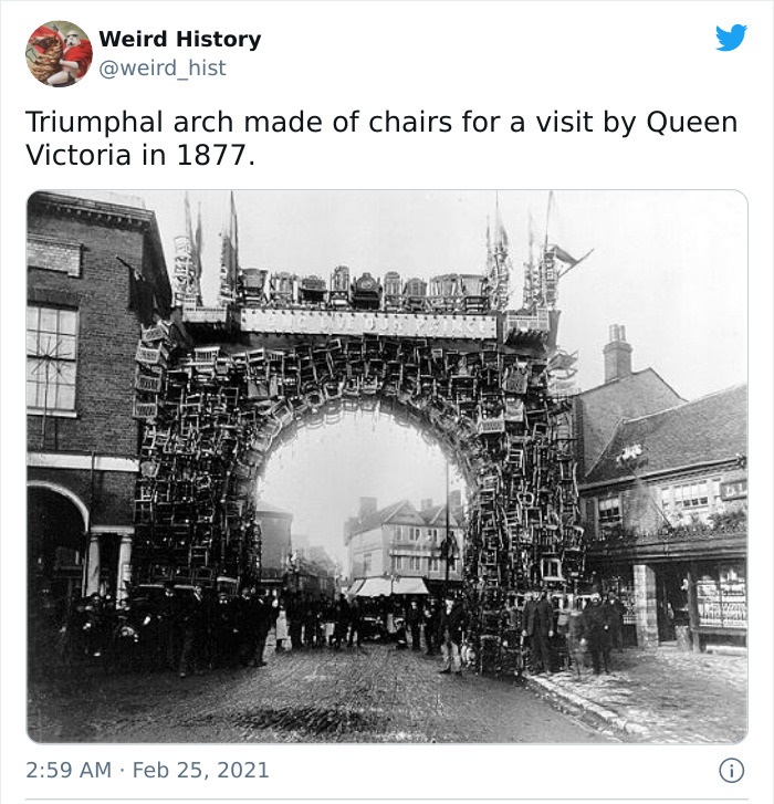 arch - Weird History hist Triumphal arch made of chairs for a visit by Queen Victoria in 1877. Slim Hits