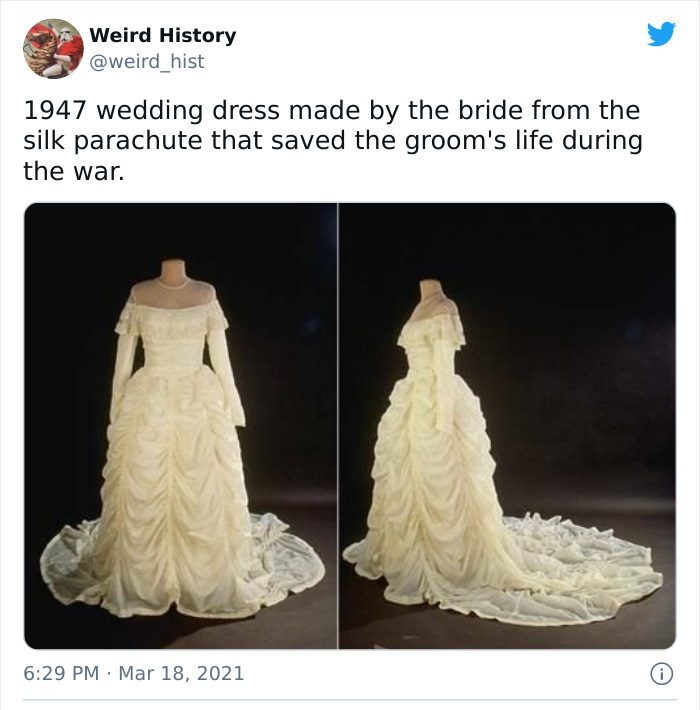 gown - Weird History 1947 wedding dress made by the bride from the silk parachute that saved the groom's life during the war. 0