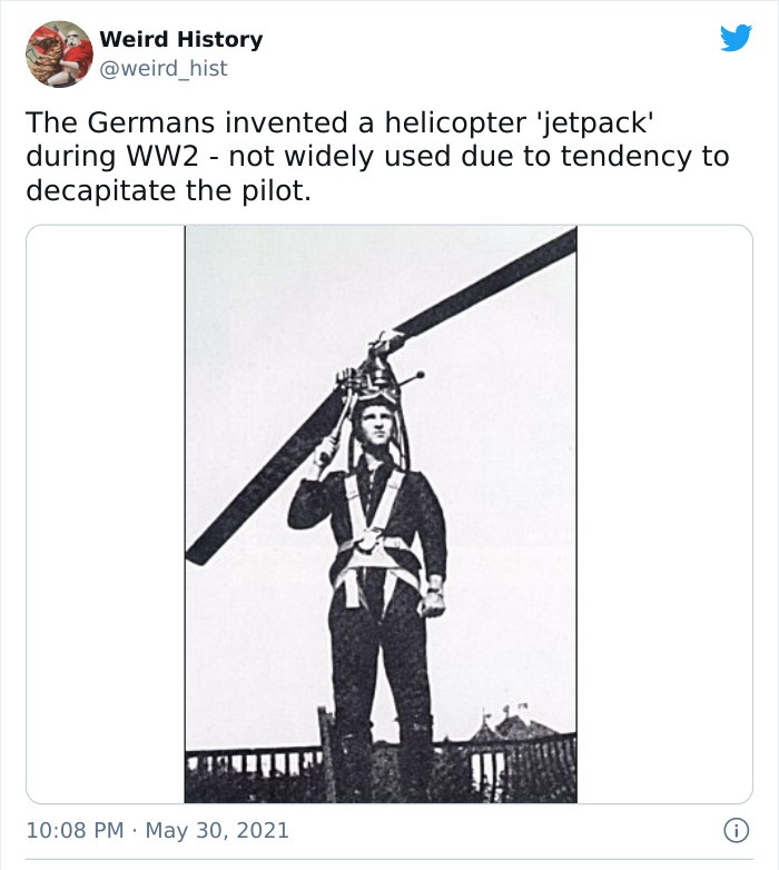 angle - Weird History The Germans invented a helicopter 'jetpack' during WW2 not widely used due to tendency to decapitate the pilot.