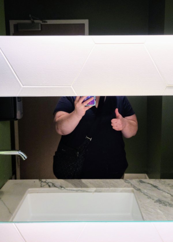 “Restaurant bathroom: one mirror panel on top, one on the bottom…no way to see myself in between.”
