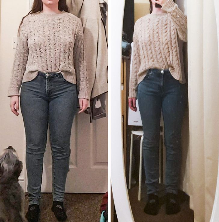 “45 lb lost in 6 months — same outfit in the before and after, but the sweater isn’t being stretched out anymore, so now you can see the pattern!”