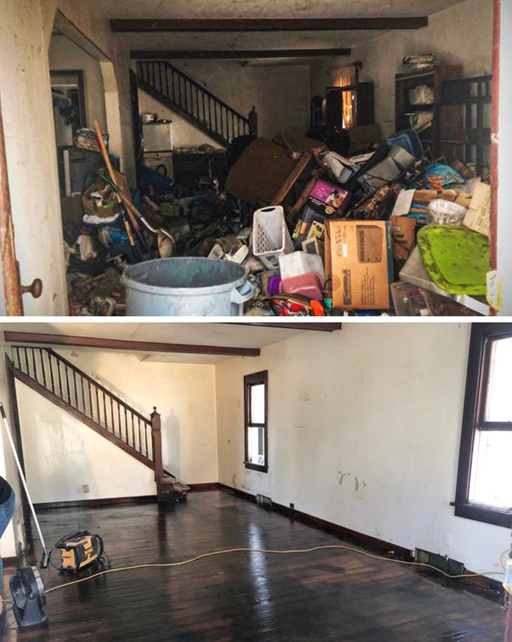 “A before and after of a hoarder’s house we cleaned out — ready to renovate!”