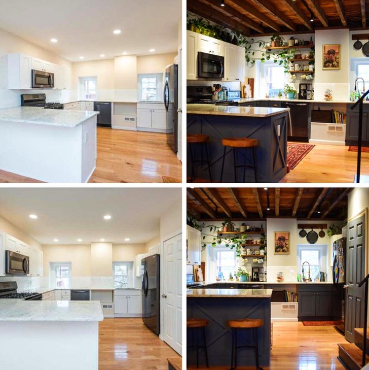 “A before and after of our Philly Rowhome kitchen renovation we just completed this week!”