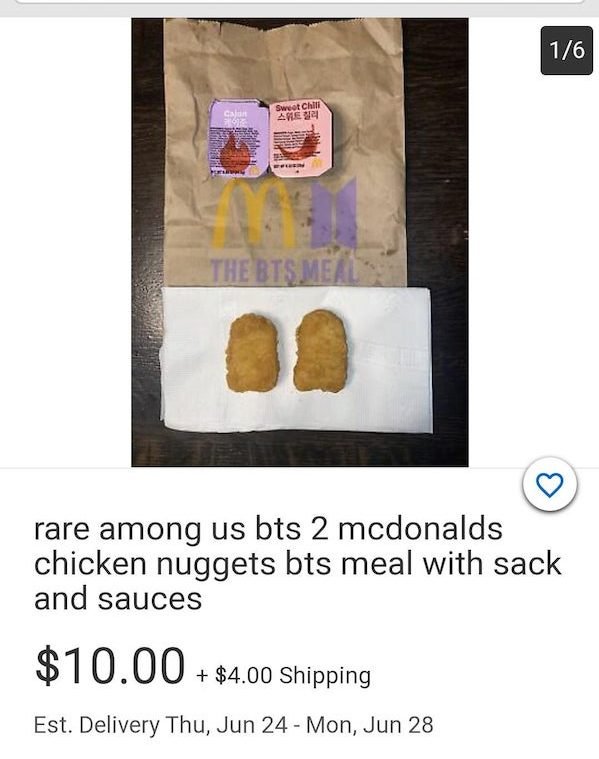 material - 16 ca 791 Swot Chilli e The Bts Meals rare among us bts 2 mcdonalds chicken nuggets bts meal with sack and sauces $10.00 $4.00 Shipping Est. Delivery Thu, Jun 24 Mon, Jun 28