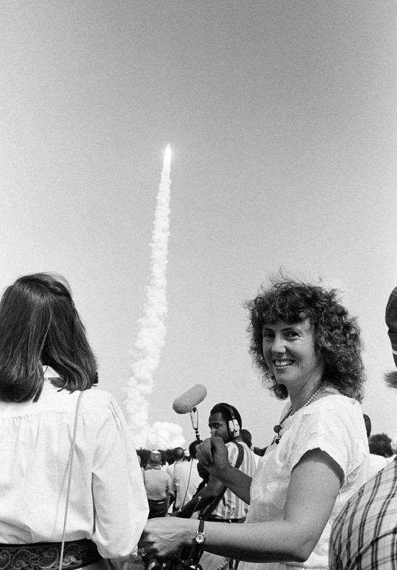 Schoolteacher Christa McAuliffe watches a successful launch of the Space Shuttle Challenger on Oct. 30, 1985, before being selected to join a later mission in January 1986, which would ultimately end in disaster.
