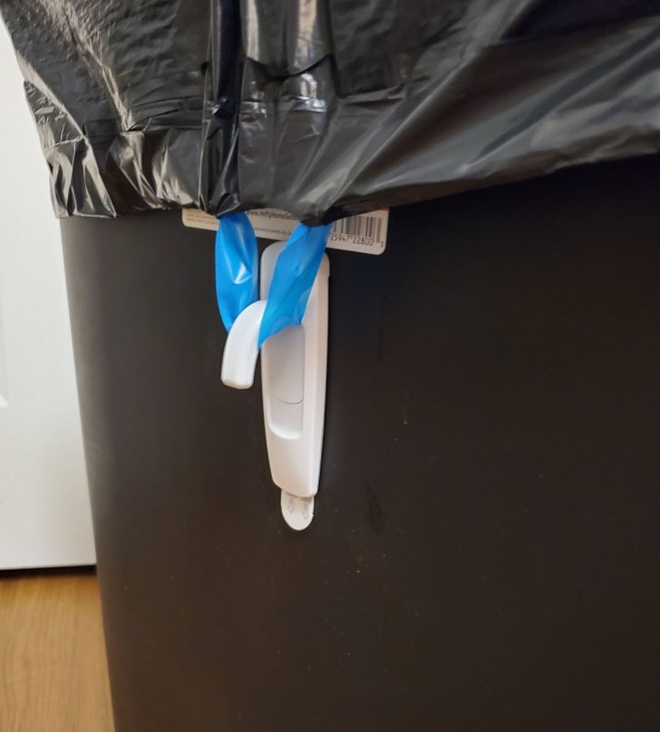 “My wife was impressed with the idea — 3M hangers upside down to keep trash bags in place.”