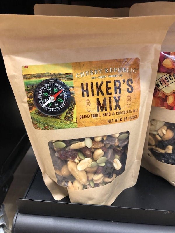 This bag of trail mix comes with a compass.