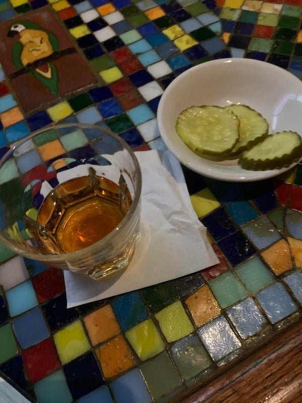 I know it ain’t much, but it warmed my heart. Asked the barkeep for a pickleback but he said they don’t keep pickle juice behind the bar. Came back five minutes later with this.
