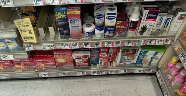 Let’s hear it for the cruel being who put muscle pain medications on the lowest shelf… Very user-friendly, guys, really!