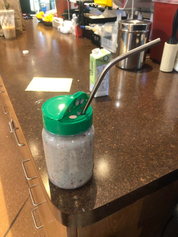 “My co-worker uses a parmesan cheese shaker lid as a cover for her mason jar smoothies.”