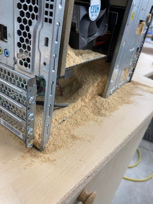 This is what happens when the tech before you puts a pc right next to a CNC in a Cabinet shop…. still working