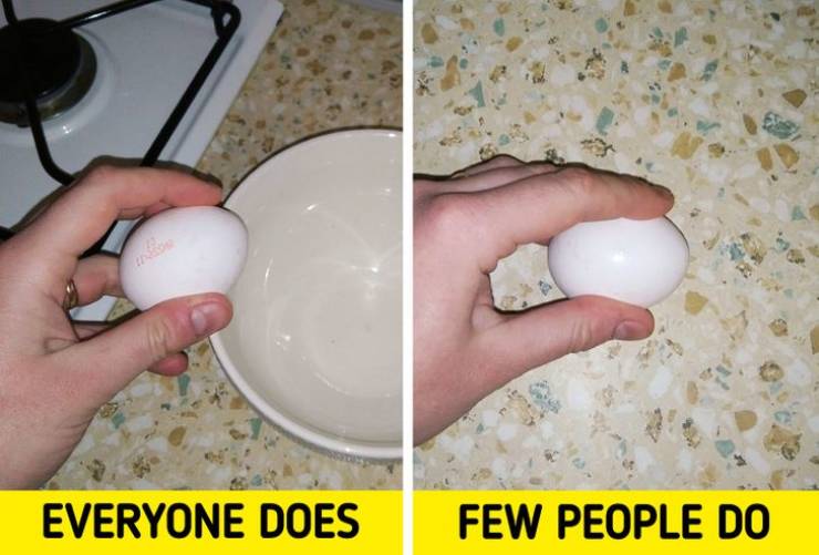 "You can avoid getting eggshell pieces into the meal if you break the egg on a flat surface."