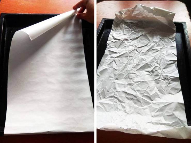 "Just crumple baking parchment and open it to prevent it from rolling."