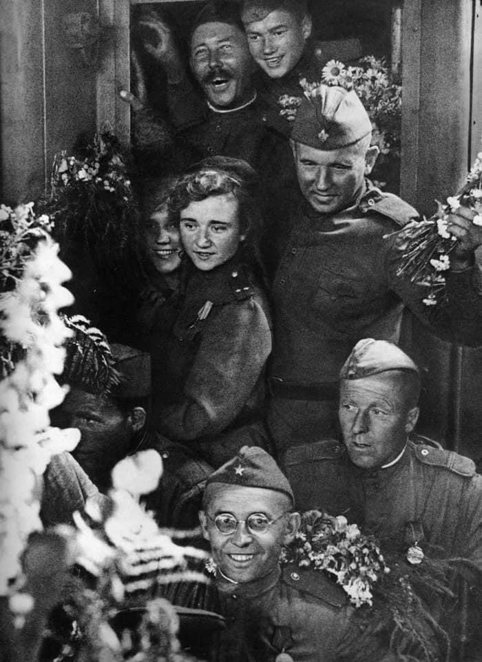 Soviet soldiers celebrate returning home alive, 1945. 80% of soviet males born in 1923 died in the war (those aged 18 when barbarrosa began).