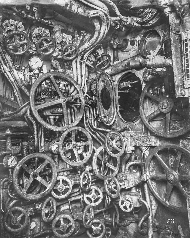 The control room of a World War 1 German submarine (UB-110) in 1918.⁣