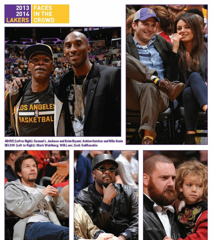 collage - 2013 Faces 2014 In The Lakers Crowd Los Angeles Basketbal Above Left to right Samuel L. Jackson and Kobe Bryant; Ashton Kutcher and Mila Kunis Below Left to right Mark Wahlberg Will.i.am; Zach Galifianakis