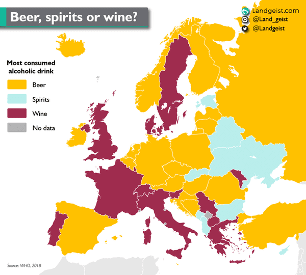 european commission growth forecast - Beer, spirits or wine? Landgeist.com geist Most consumed alcoholic drink Beer Spirits Wine No data Source Who, 2018