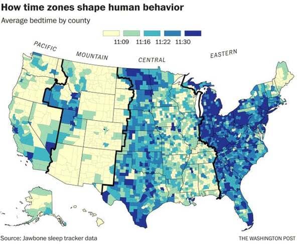 time zone map by county - How time zones shape human behavior Average bedtime by county Pacific Mountain Eastern Central 0 Source Jawbone sleep tracker data The Washington Post