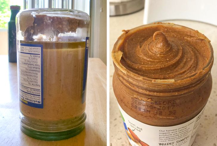 Peanut butter containers can be stored upside down to improve the spread’s texture.
