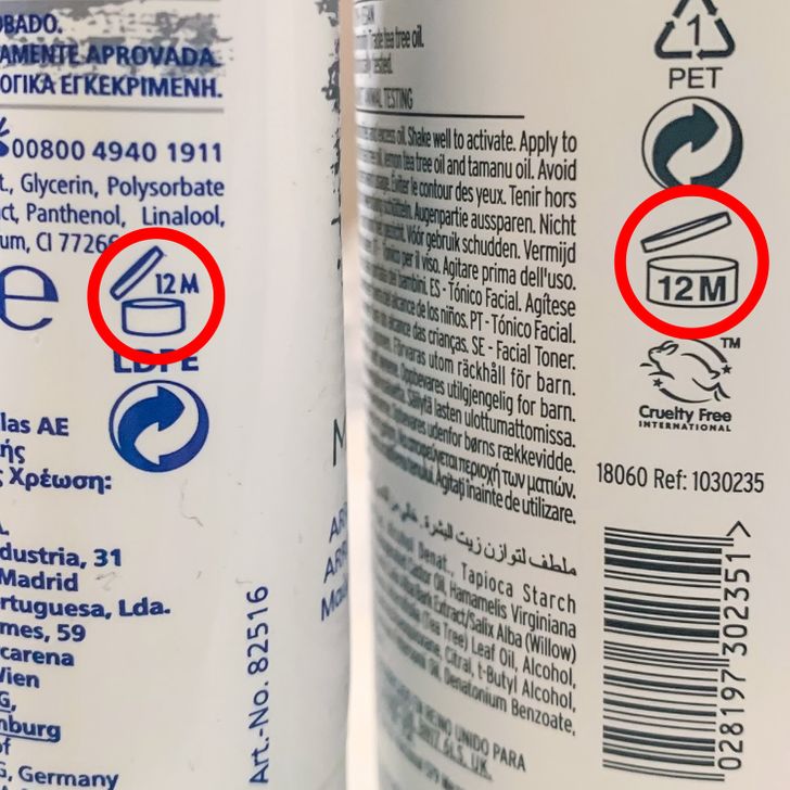 The container with the lifted lid on the back of personal care products indicates the expiration date.