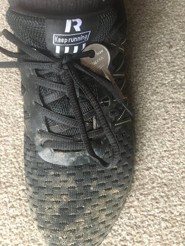 If your going for a run and don’t have zip pockets or a phone holder, thread your key through your shoe lace and double knot it! (Excuse the muddy shoes)