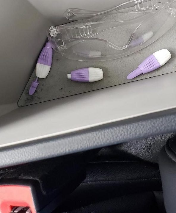 I found these purple and white (medical?) things in the center console of a rental from enterprise, I also found about 6 dollars cash so I know it wasn’t cleaned properly, what are they?

A: Those are BD brand lancets for pricking fingers, for checking blood glucose