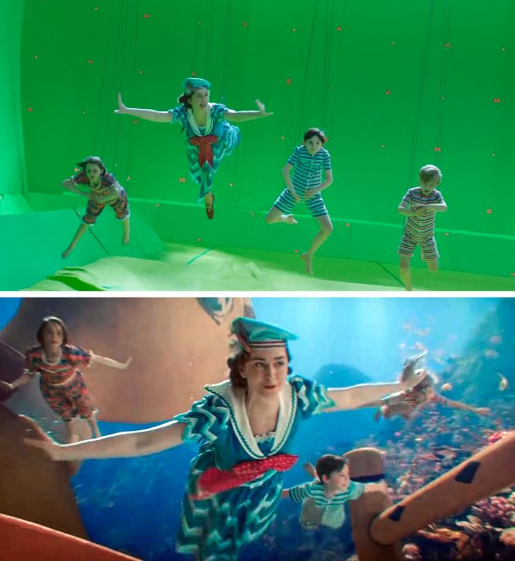 In Mary Poppins Returns, the fantastic and magical scenes were filmed using common special effects.