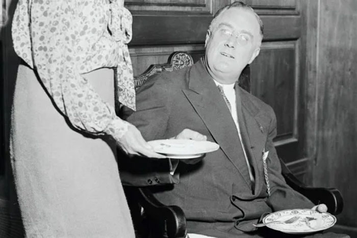 that FDR's White House served notoriously terrible meals. First Lady Eleanor wanted to set an example for the country during the Depression by serving economical meals made from scraps