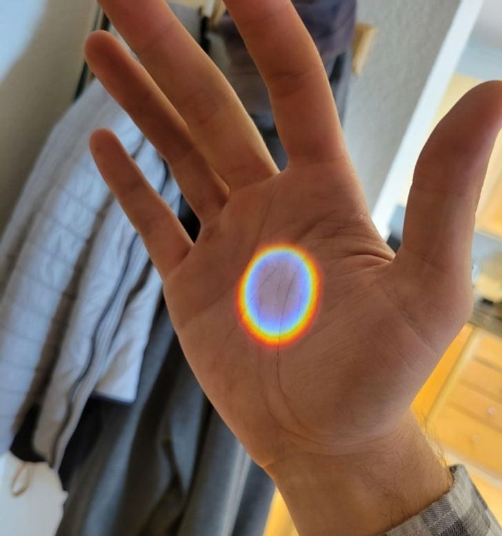 “The sun lines up with my door viewer in the summertime and creates this little rainbow.”