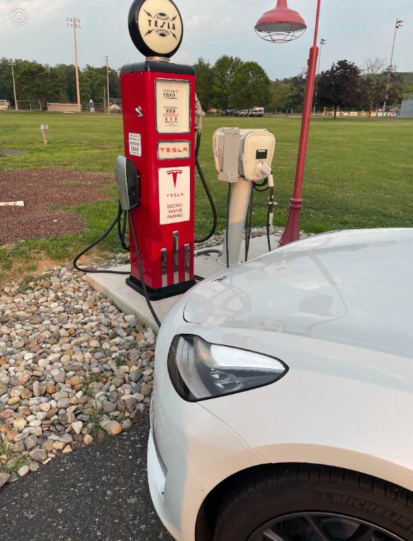 “This Tesla charger set up to look like a vintage gas pump.”