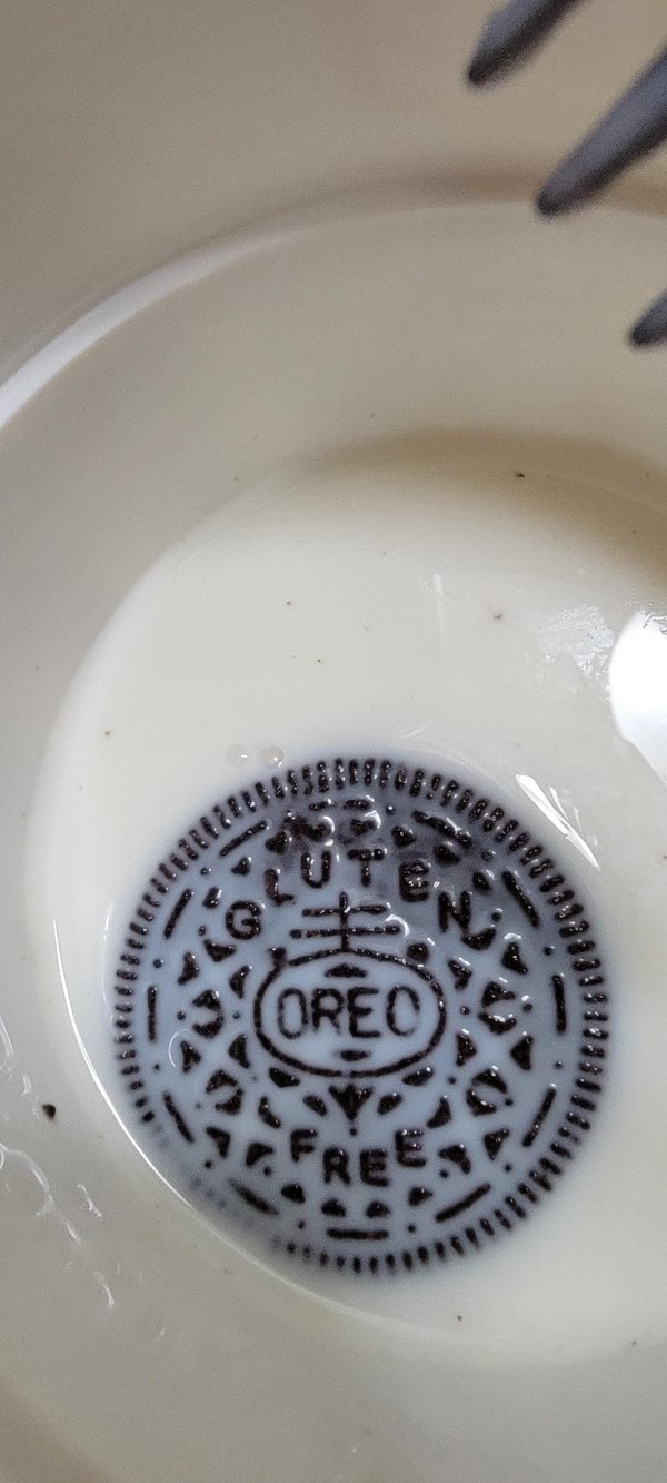 “Gluten free has been imprinted into the oreo cookie part. Didn’t see until it hit milk.”