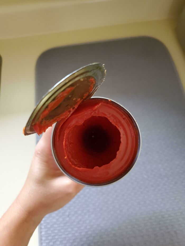 12 Oz Can Of Tomato Paste Opened Fresh With A Hollow Middle