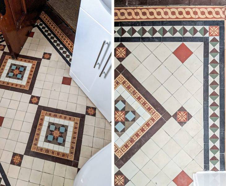 “Spent the day cleaning a 113-year-old floor. Took a knife to the linoleum in the bathroom... And found the original Edwardian tiles!”