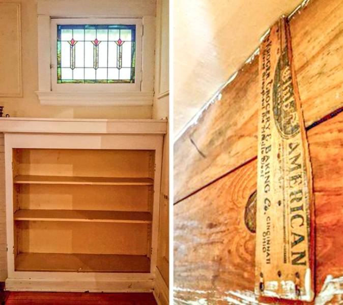 “I’m restoring my century-old house and today I discovered a built-in bookshelf held up by a strip of wood from a Kroger grocery box from 1921.”