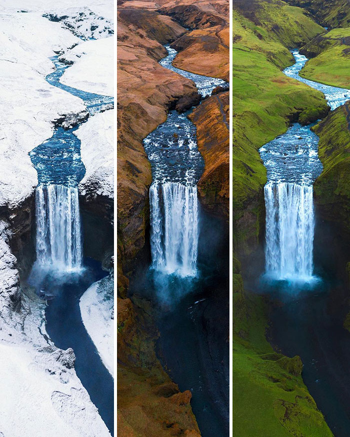 “Same Waterfall, 3 Seasons. Skógafoss, Iceland”