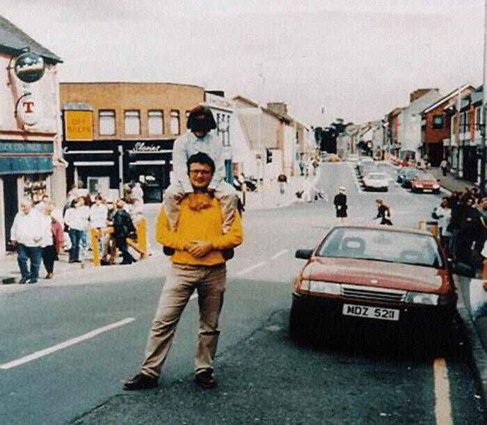 This happy photo of the father and daughter was taken moments before the Omagh car bombing in 1998.

The bomb placed by a group known as the Real IRA was in this red car and killed 29 people, including the photographer who took this photo. Both the father and daughter survived.
