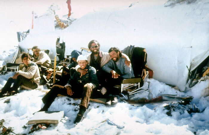 This picture was taken of a group of survivors of the Uruguayan Air Force Flight 571 crash in the Andes. They were eventually saved but had to resort to cannibalism to survive. They are all smiling in the photo, but it becomes eerie when you see the human spine to the right of them in the picture.
