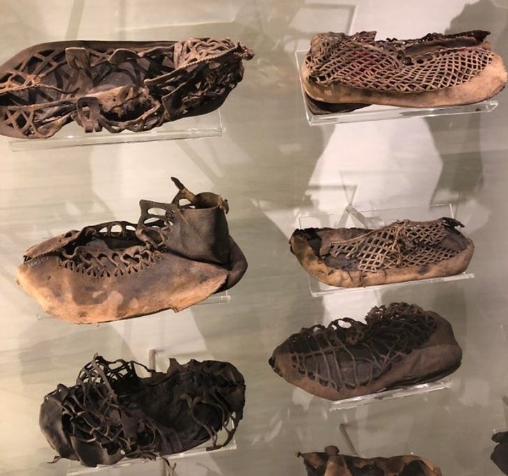 “1,800-year-old Roman leather sandals on display at Vindolanda Fort in Northumberland, England.”