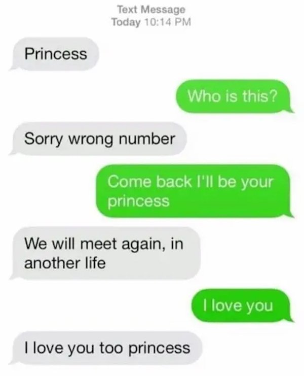 wrong number texts - Text Message Today Princess Who is this? Sorry wrong number Come back I'll be your princess We will meet again, in another life I love you I love you too princess