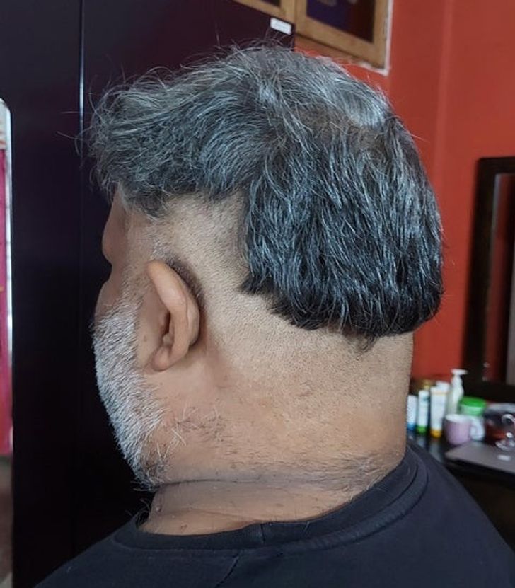 “My mother took a haircutting course 9 years ago. With just a little practice, she confidently lured my brother in for a haircut. This is the result.”