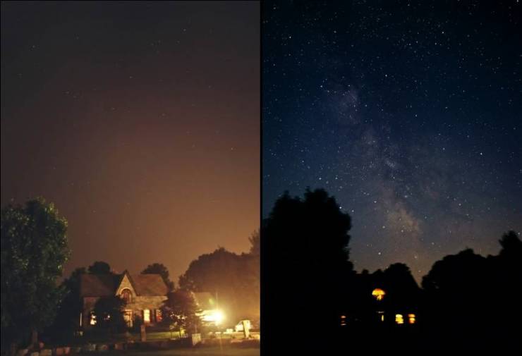 Effects of light pollution: How the stars look on a typical night versus a widespread power outage