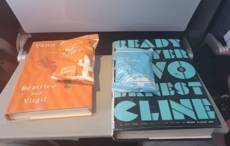“My wife and I had plane snacks that matched our books on our way to our honeymoon.”