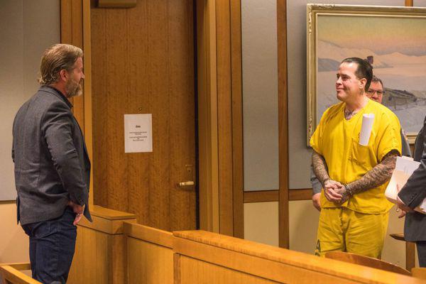 Jason Vukovich, the ‘Alaskan Avenger’, smiles at his brother after being sentenced to 28 years in prison. Vukovich used the local sex offender registry to target his victims, assaulting and robbing them. Both Vukovich and his brother were sexually abused as children.