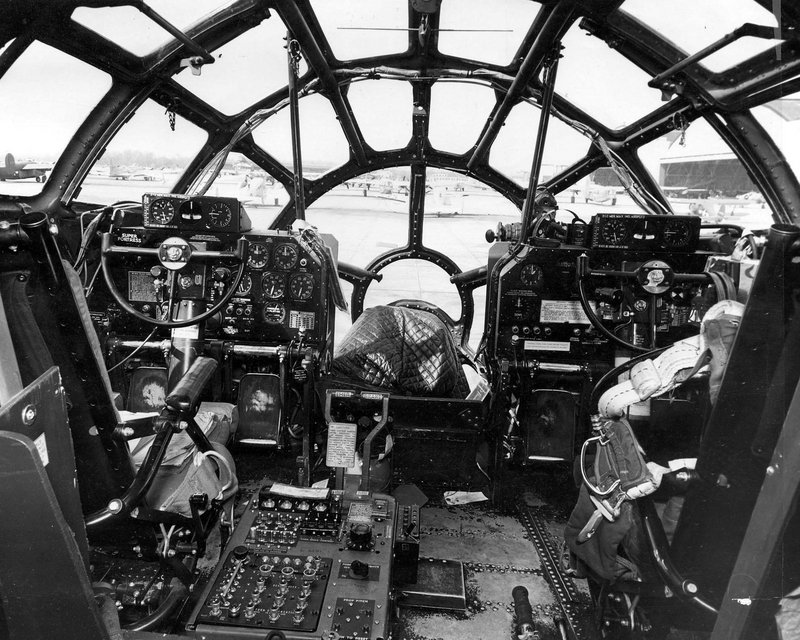 Flight deck and controls of a B-29 Superfortress. Note the security blanket over the Norden bombsight.